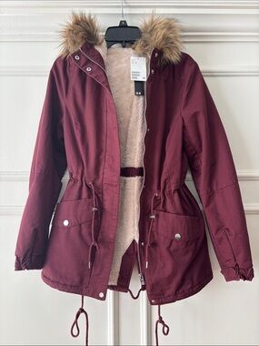 H&M Burgundy Hooded Faux-Fur Trim Parka Jacket